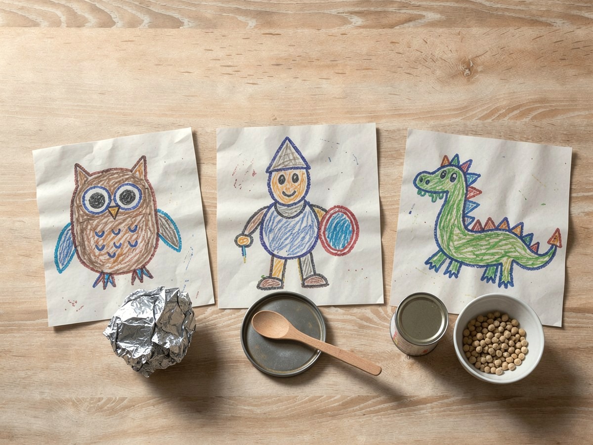Die drei gemalten Figuren Eule, Ritter und Drache liegen in einer Reihe, vor jeder liegt ihr Geräusch: die Alufolienkugel, der Topfdeckel mit dem Holzlöffel und die Dose mit dem Schälchen Erbsen