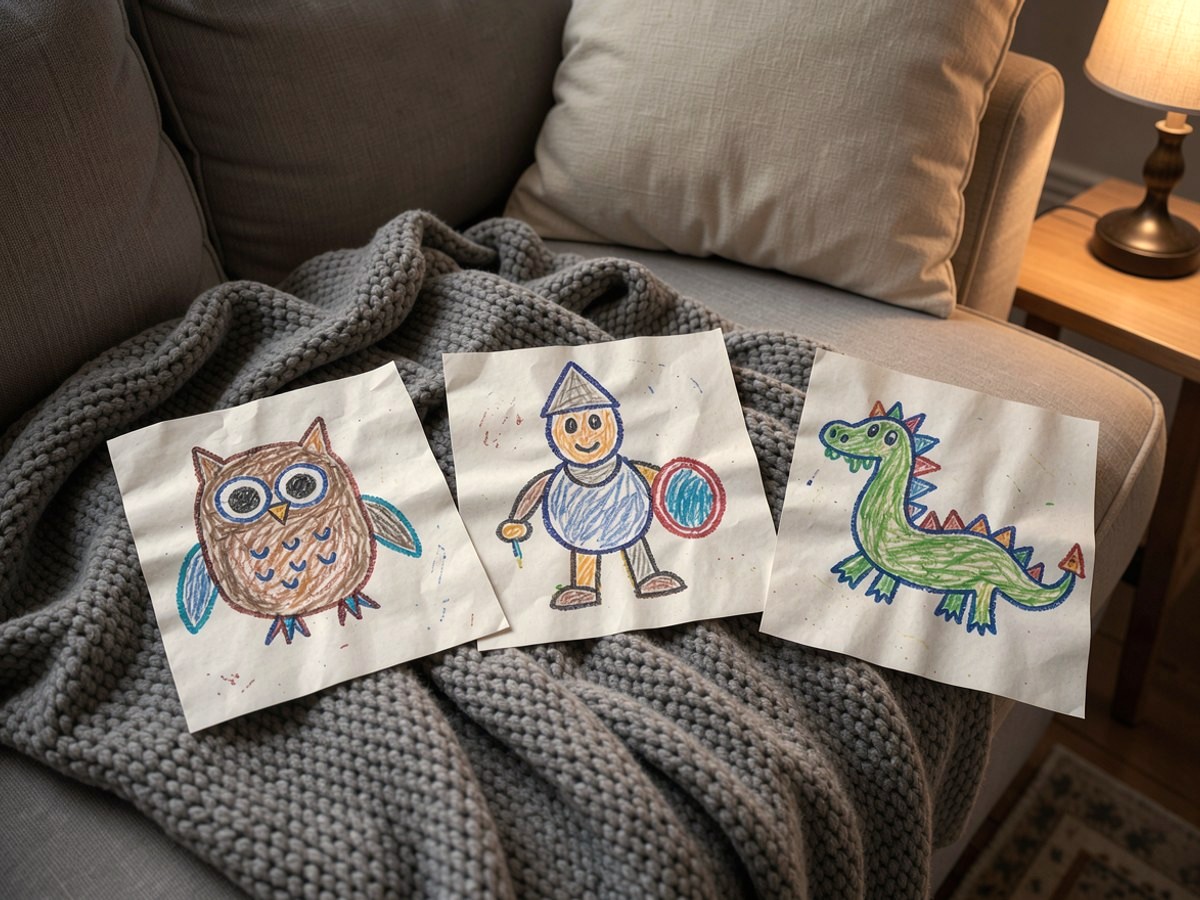 Am Abend im gedämpften Licht einer kleinen Lampe: die drei gemalten Figuren Eule, Ritter und Drache liegen auf einer grauen Strickdecke auf dem Sofa