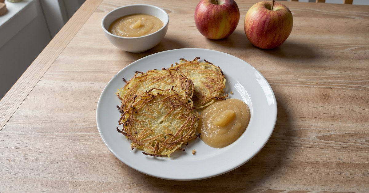 Von schräg oben: ein weißer Teller mit drei flachen, goldbraunen Kartoffelpuffern mit knusprigem Rand, daneben auf dem Teller ein Klecks hellgelbes Apfelmus; dahinter auf dem hellen Holztisch ein Schälchen Apfelmus und zwei rot-gelbe Äpfel