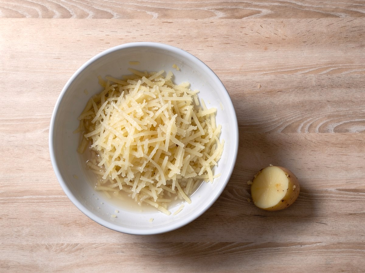 Von oben: eine weiße Schüssel mit frisch geriebenen rohen Kartoffeln, feuchte hellgelbe Raspel, am Rand hat sich etwas trübes Kartoffelwasser gesammelt; daneben auf dem Holztisch das übrig gebliebene Endstück einer Kartoffel