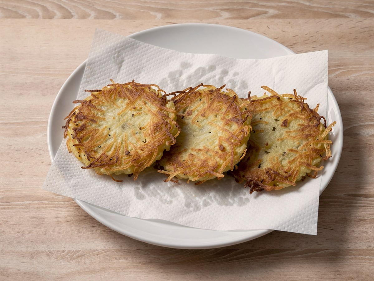 Ein weißer Teller mit einem Bogen Küchenpapier, darauf drei flache, goldbraune Kartoffelpuffer mit knusprigem, ausgefranstem Rand, leicht überlappend