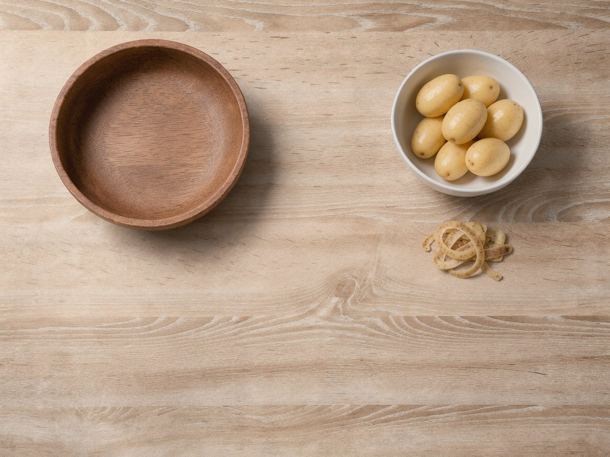 In der weißen Schüssel liegen geschälte, glatte, hellgelbe rohe Kartoffeln; daneben auf dem Holztisch ein kleiner Haufen dünner Kartoffelschalen