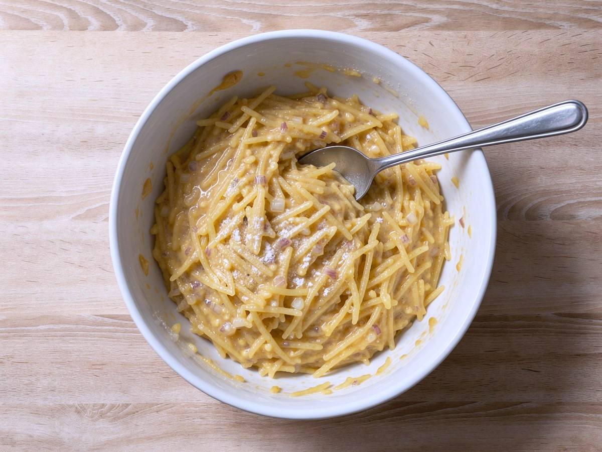 Von oben: in der weißen Schüssel ein gleichmäßiger Kartoffelteig aus Raspeln, Ei und feinen Zwiebelstückchen, ein Esslöffel liegt über dem Schüsselrand