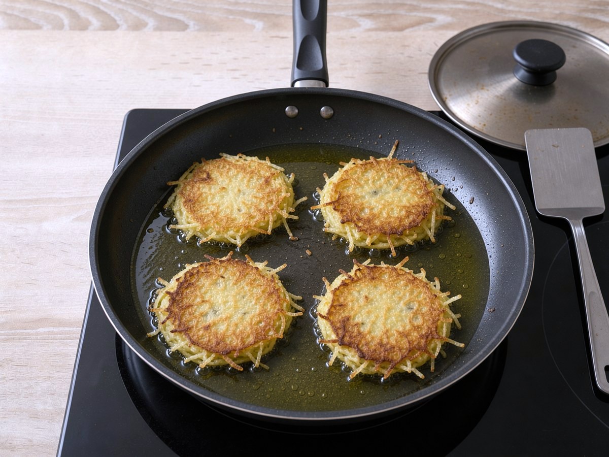 In der großen dunklen Pfanne braten vier flache Kartoffelpuffer mit etwas Abstand im Öl, ihre Oberseite ist schon goldbraun; daneben liegt ein Pfannenwender