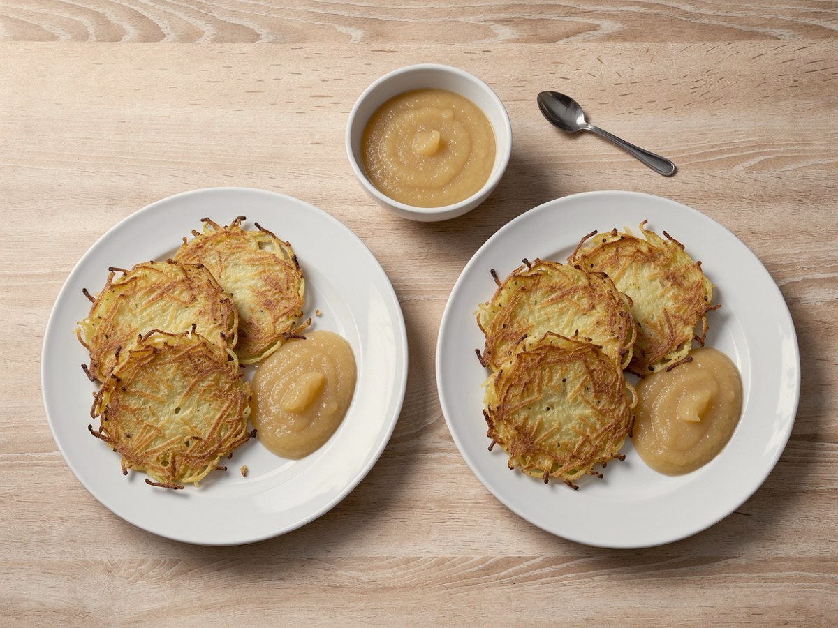 Zwei weiße Teller mit je zwei goldbraunen Kartoffelpuffern und einem Klecks hellem Apfelmus, dazwischen ein Schälchen mit Apfelmus