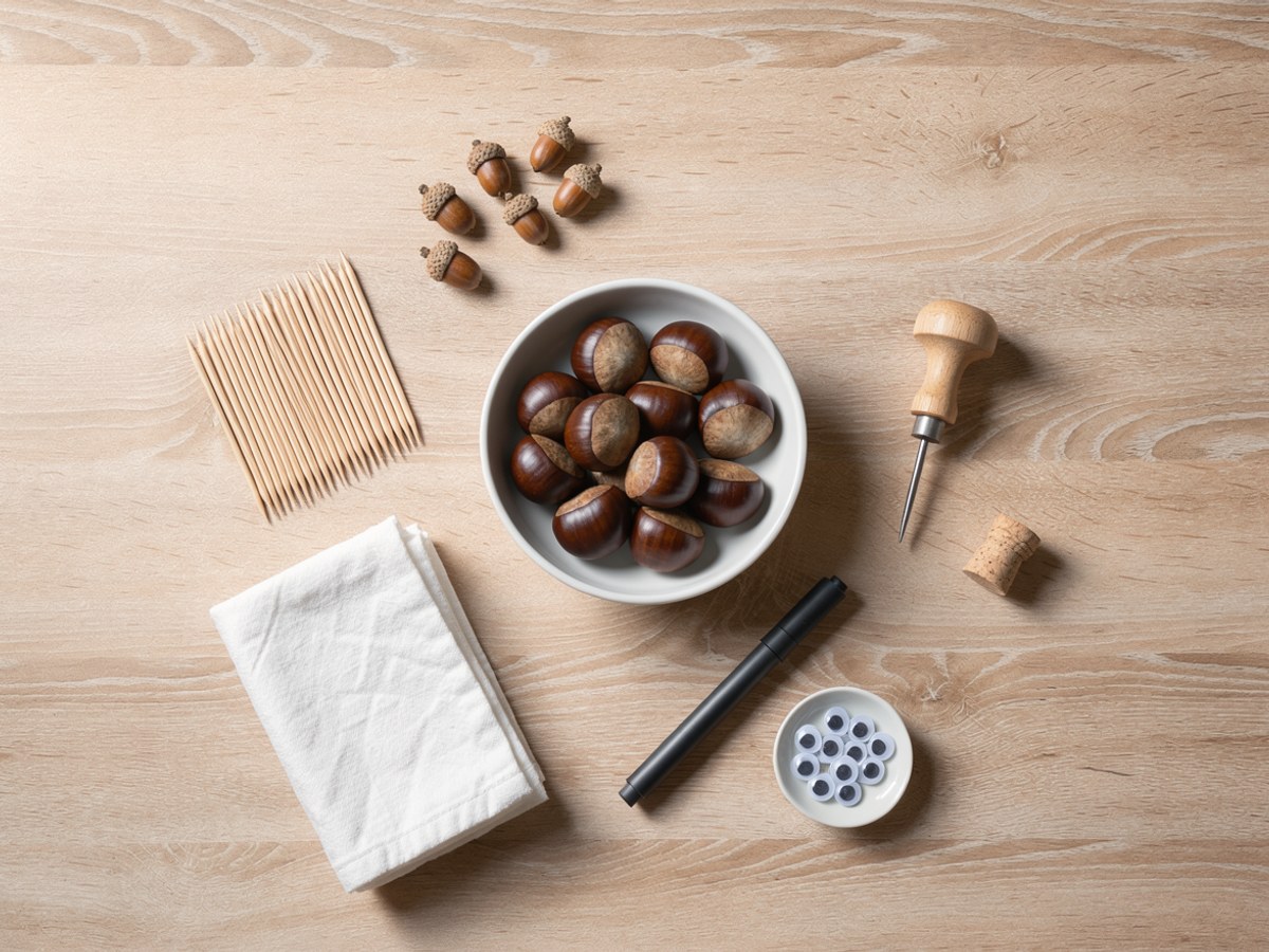 Flatlay auf hellem Holz: eine Schale glänzender brauner Rosskastanien, ein Häufchen Zahnstocher, kleine Eicheln mit Hütchen, ein schwarzer Filzstift, ein Schälchen Wackelaugen, eine Ahle mit Holzgriff und ein Korken als Unterlage