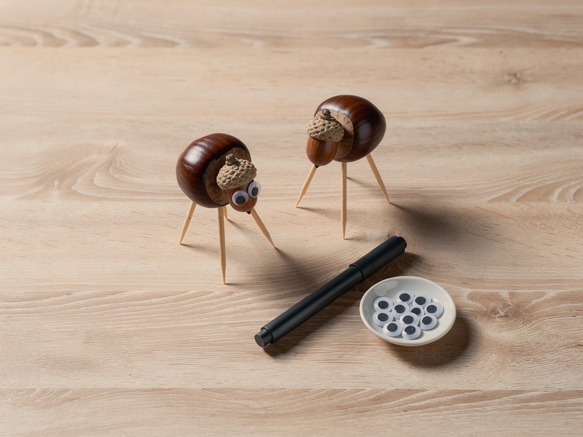 Zwei Kastanienfiguren mit Eichelkopf, die vordere hat zwei aufgeklebte Wackelaugen, daneben eine kleine Schale mit weiteren Wackelaugen und ein schwarzer Filzstift