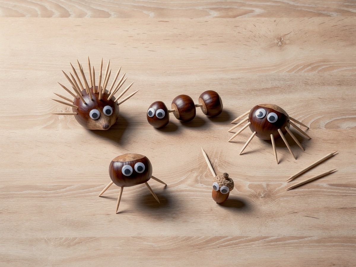 Mehrere fertige Kastanientiere stehen auf hellem Holz: Igel, Raupe, Spinne und Figuren mit Eichelkopf, jeweils aus Kastanien, Zahnstochern und Wackelaugen