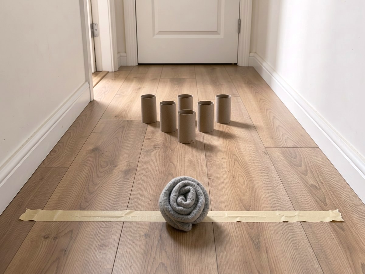 Blick in einen Flur mit hellem Laminat: am Ende stehen sechs leere Klorollen als Dreieck, eine vorn, zwei dahinter, drei hinten, vorn klebt ein Streifen Kreppband quer über den Boden, dahinter liegt der Sockenball