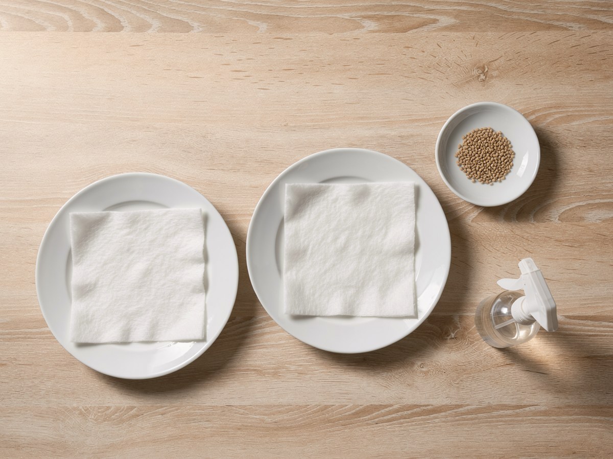 Flatlay auf hellem Holz: zwei flache leere Teller mit einer dünnen, ebenen Lage weißer Watte, eine kleine Schale mit hellbraunen Kressesamen und eine kleine Sprühflasche