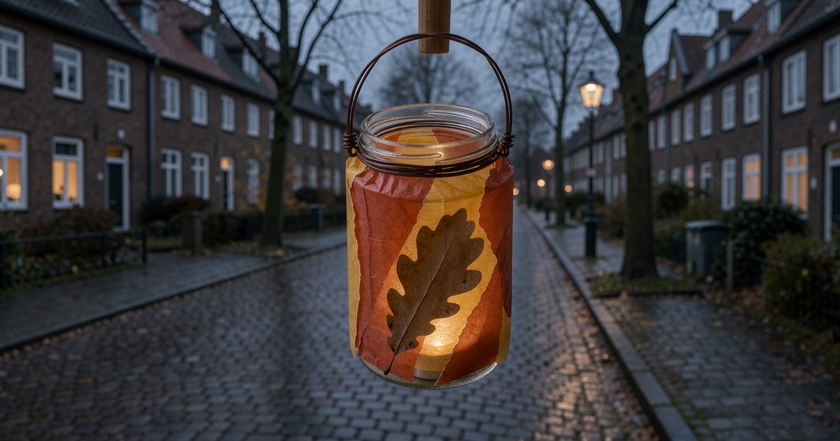 Selbstgebastelte Laterne aus einem mit rotem, gelbem und orangem Seidenpapier beklebten Marmeladenglas leuchtet an einem Holzstab in der Abenddämmerung über einer nassen Straße