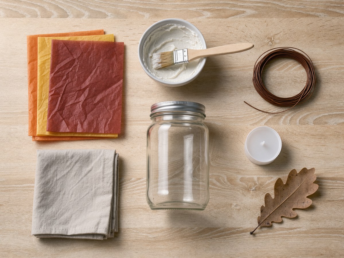 Bastelmaterial für eine Glaslaterne von oben: leeres Schraubglas, Seidenpapier in Rot, Gelb und Orange, Schale mit Kleister und Pinsel, Basteldraht, LED-Teelicht, gepresstes Eichenblatt