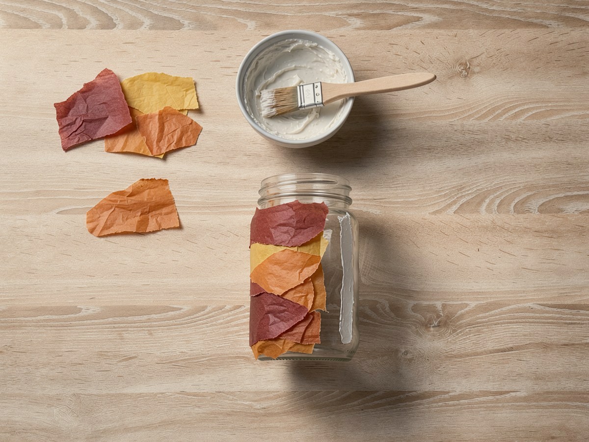 Das Glas ist zum größeren Teil mit überlappenden Seidenpapierstücken beklebt, ein Streifen mit nassem Kleister wartet noch auf das nächste Stück