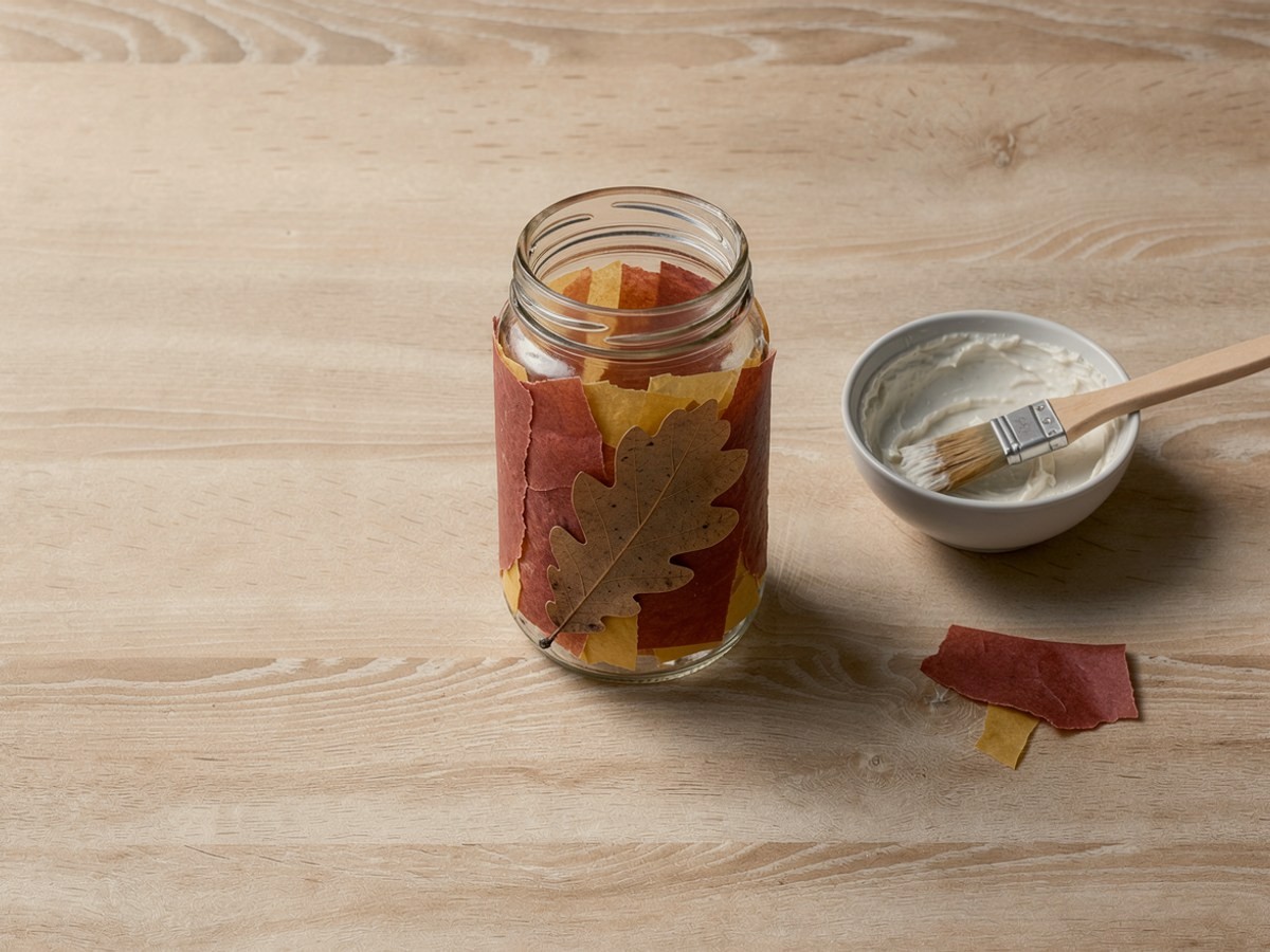 Das fertig beklebte Glas steht allein zum Trocknen auf dem Tisch, daneben die Kleisterschale mit dem Pinsel und ein paar übrige Papierschnipsel