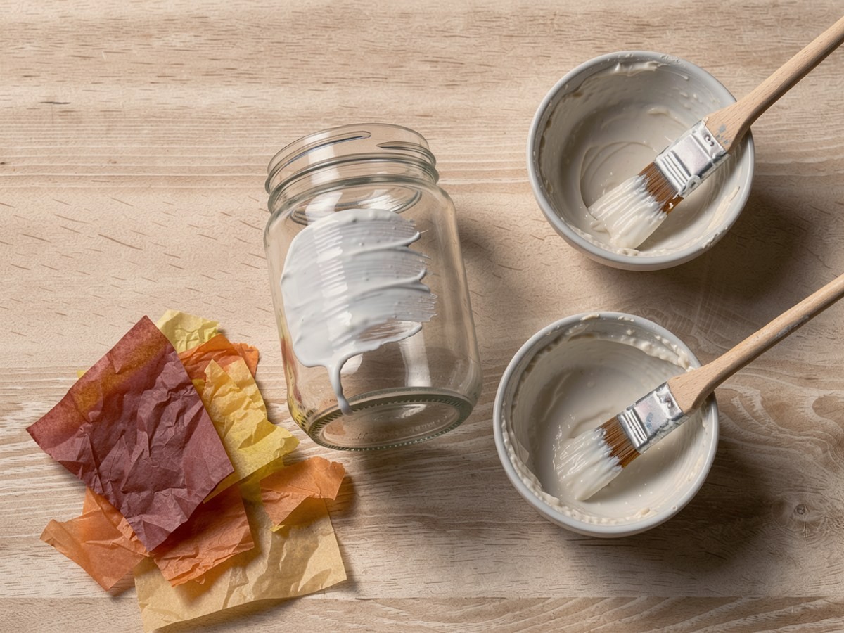 Das saubere Schraubglas steht auf dem Tisch, auf einer Seite ist eine handbreite Fläche dick mit nassem, milchig-weißem Kleister eingestrichen, daneben die Kleisterschale mit dem Pinsel und die gerissenen Papierstücke