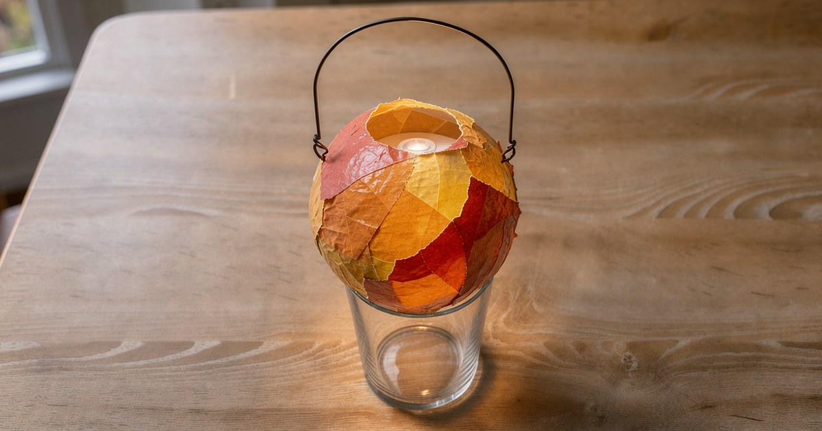 Am Abend auf einem Holztisch: eine runde Kugel aus überlappenden Stücken von rotem, gelbem und orangem Transparentpapier sitzt auf einem Trinkglas und leuchtet von einem elektrischen Licht im Glas darunter, über die Kugel spannt sich ein dünner Drahtbügel