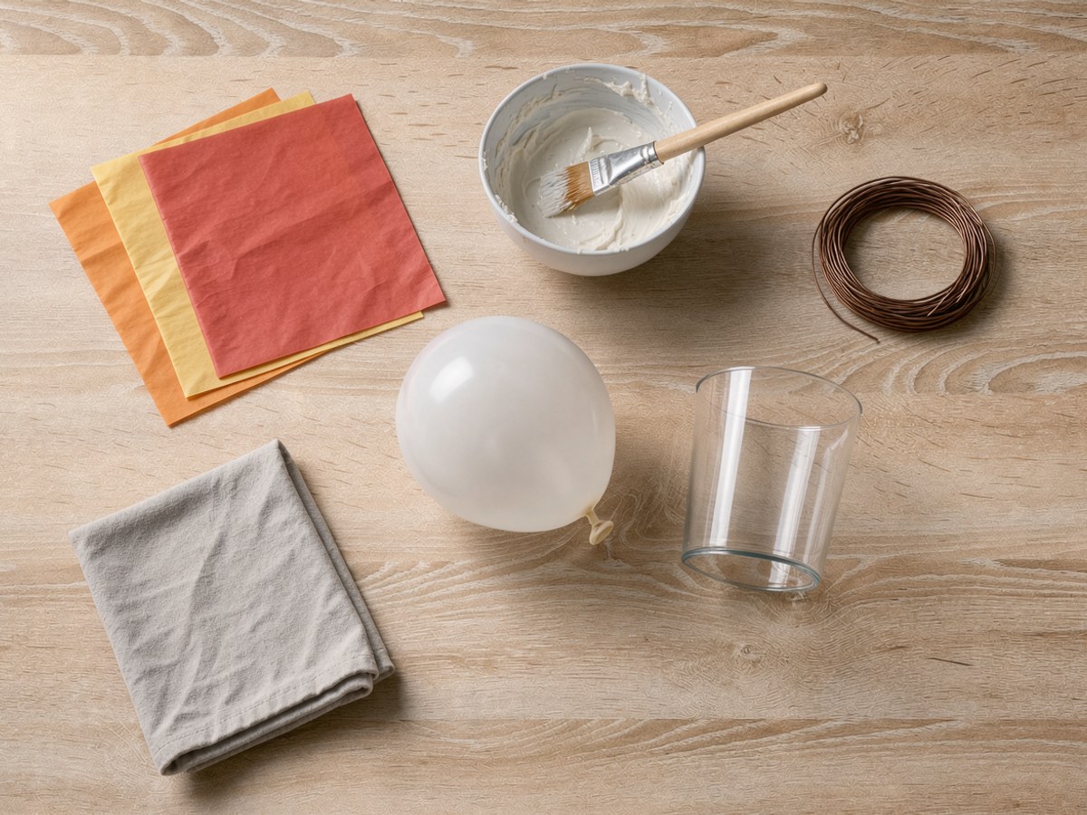 Flatlay auf hellem Holz: ein aufgeblasener weißer Luftballon, ein leeres Trinkglas, ein Stapel Transparentpapier in Rot, Gelb und Orange, eine Schale Kleister mit breitem Pinsel, eine Rolle dunkler Draht und ein gefaltetes graues Tuch