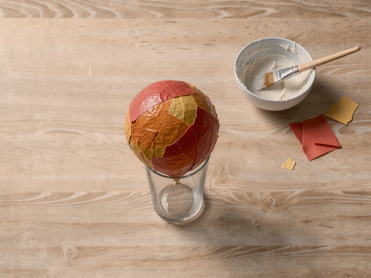 Von schräg oben: der Luftballon sitzt mit dem Knoten nach unten auf einem Trinkglas und ist ganz mit feuchten, überlappenden Stücken aus rotem, gelbem und orangem Transparentpapier beklebt; rechts daneben eine Schale mit einem Rest Kleister und dem Pinsel, davor ein paar Papierschnipsel