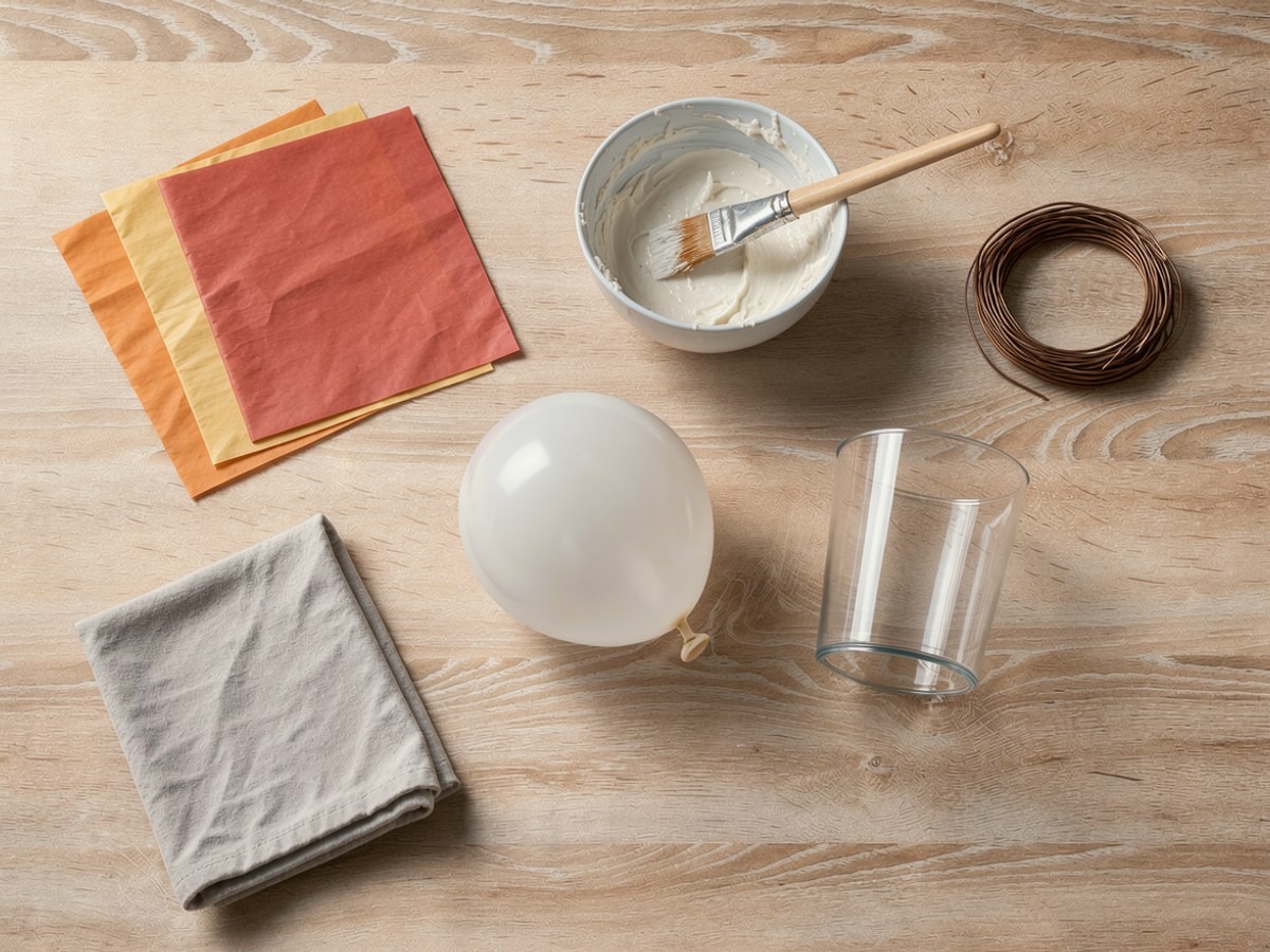 Von schräg oben: in der Mitte des Holztischs steht die weiße Schale randvoll mit dickem, kaltem weißem Kleister, der Pinsel liegt quer darüber, daneben warten der weiße Luftballon, das leere Trinkglas und der Stapel aus rotem, gelbem und orangem Transparentpapier