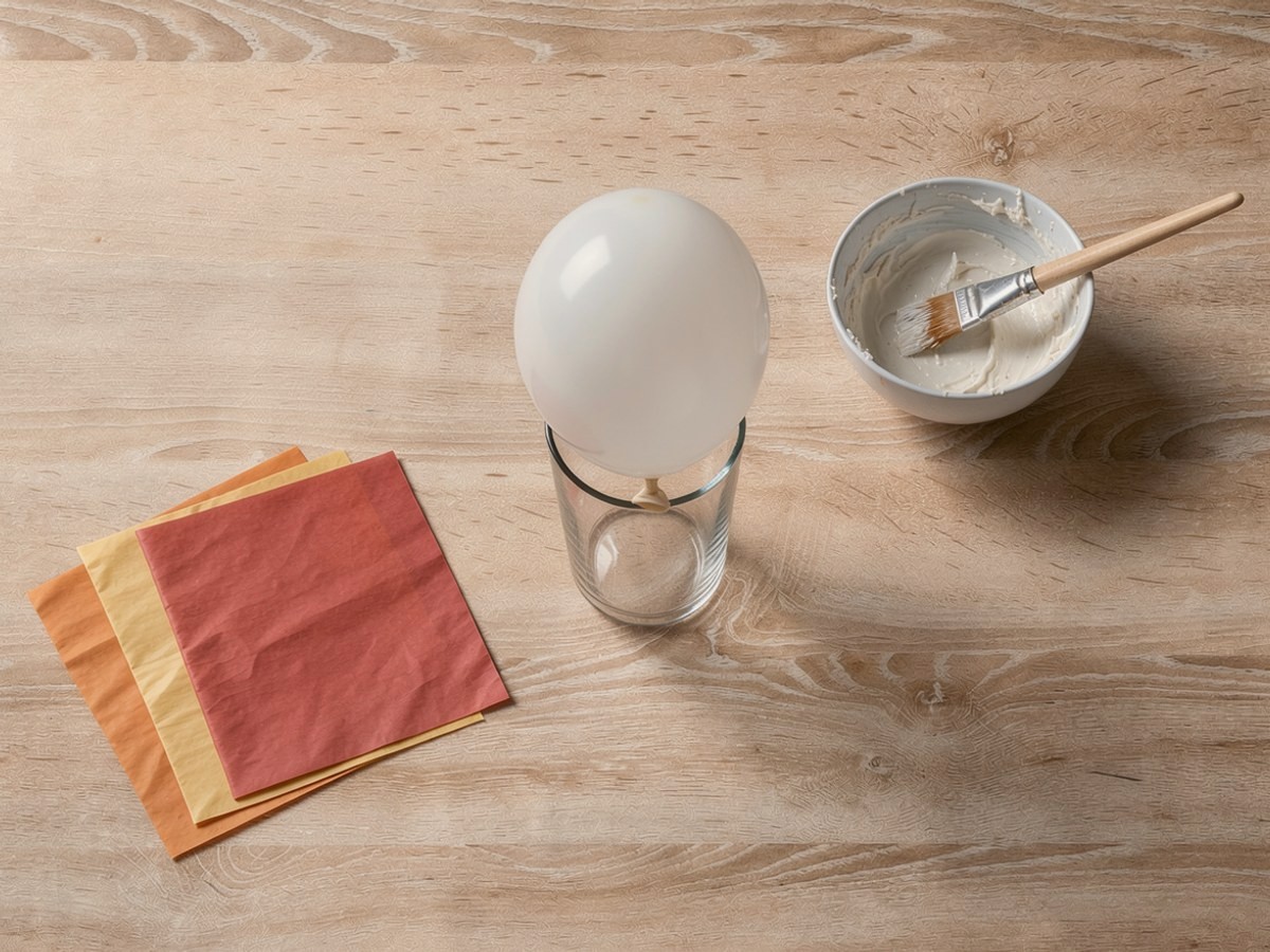 Von schräg oben: der aufgeblasene weiße Luftballon sitzt mit dem Knoten nach unten auf dem Trinkglas wie ein Ei im Eierbecher, rechts daneben die Schale mit Kleister und dem Pinsel, links der Stapel aus rotem, gelbem und orangem Transparentpapier