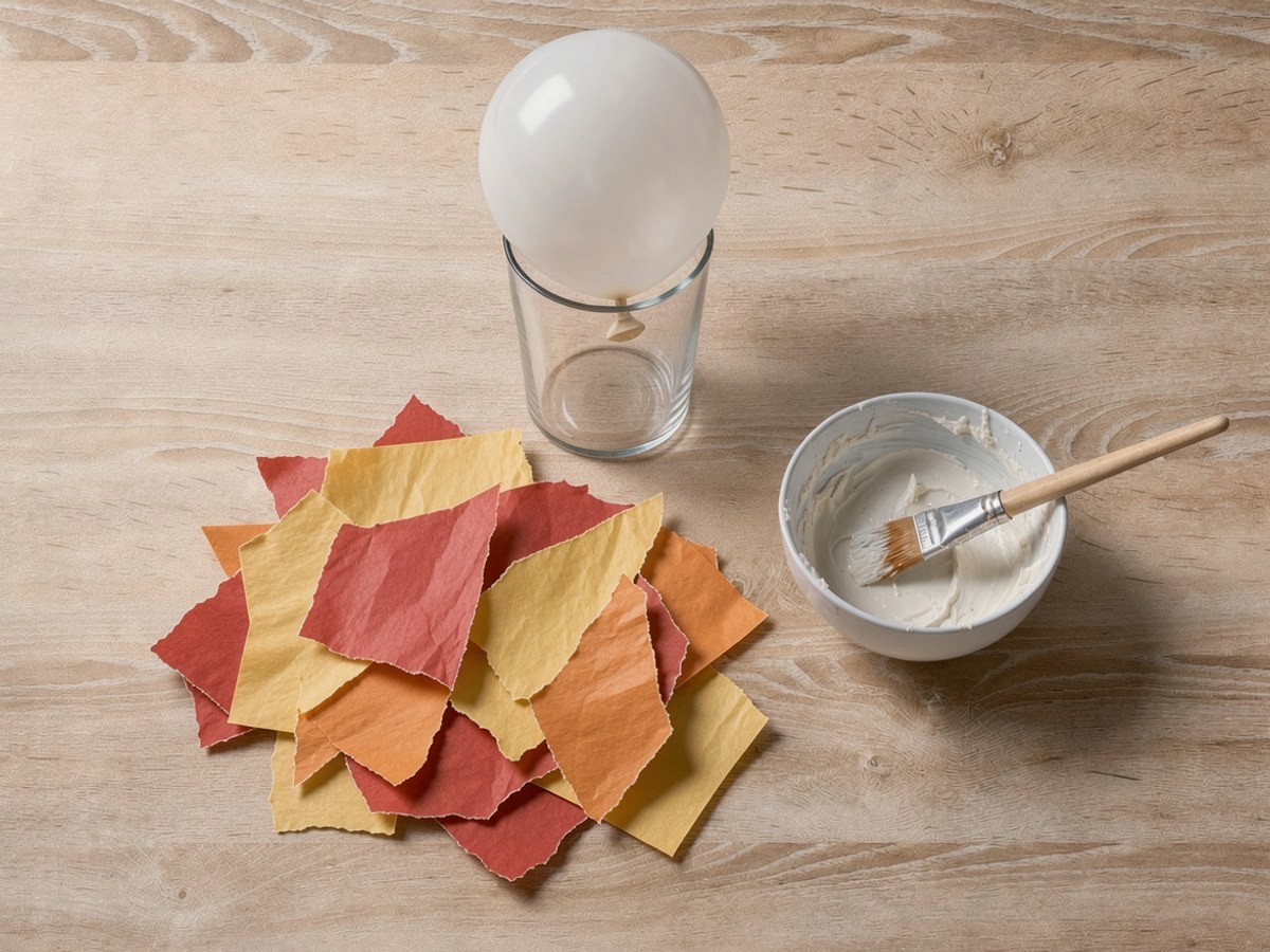 Von schräg oben: vor dem weißen Luftballon auf dem Trinkglas liegt ein lockerer Haufen gerissener Stücke aus rotem, gelbem und orangem Transparentpapier mit krummen Rändern, rechts die Schale mit Kleister und dem Pinsel