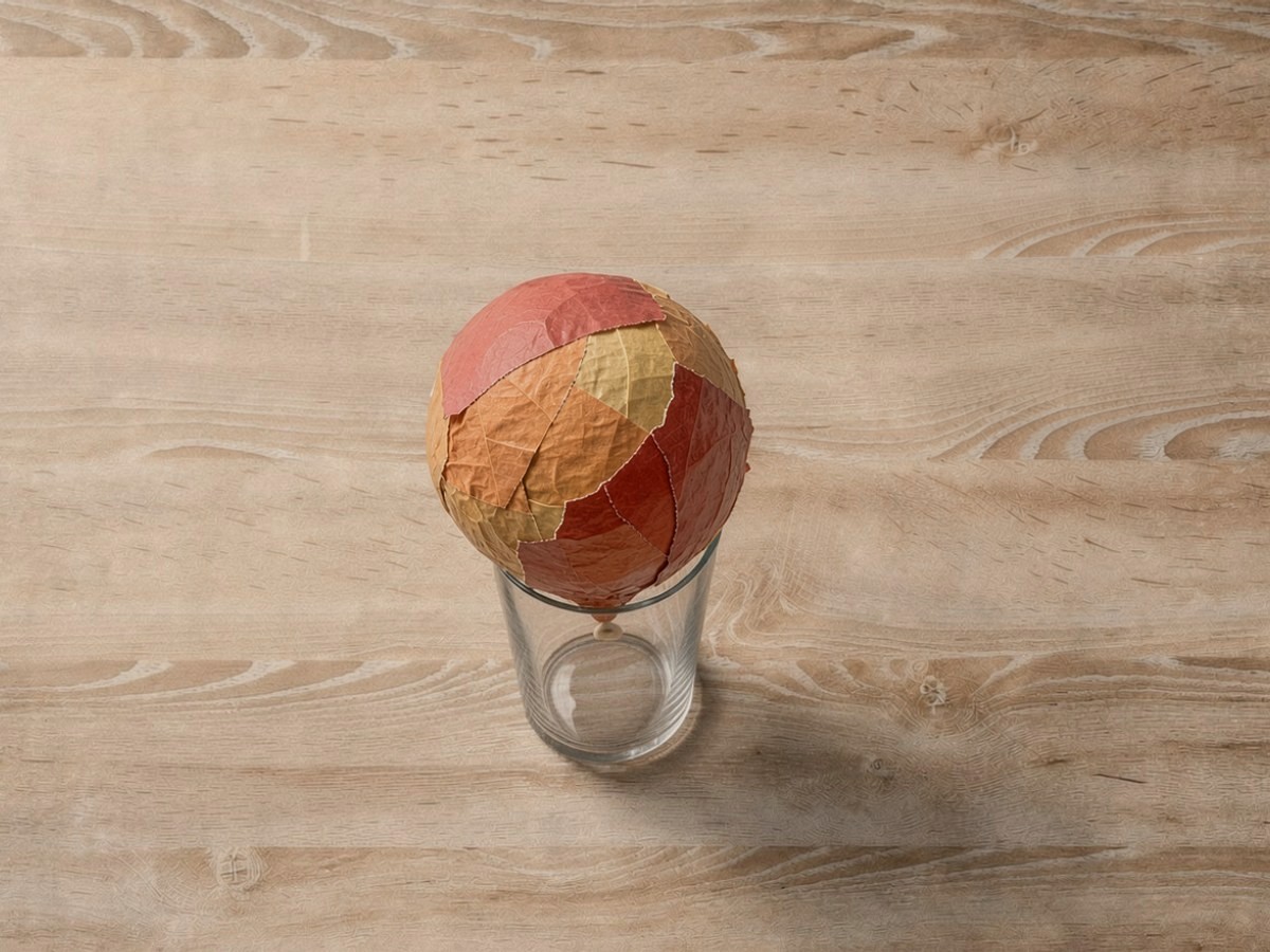 Von schräg oben: die mit rotem, gelbem und orangem Transparentpapier beklebte Ballonkugel steht trocken und matt auf dem Trinkglas, allein auf dem aufgeräumten Holztisch