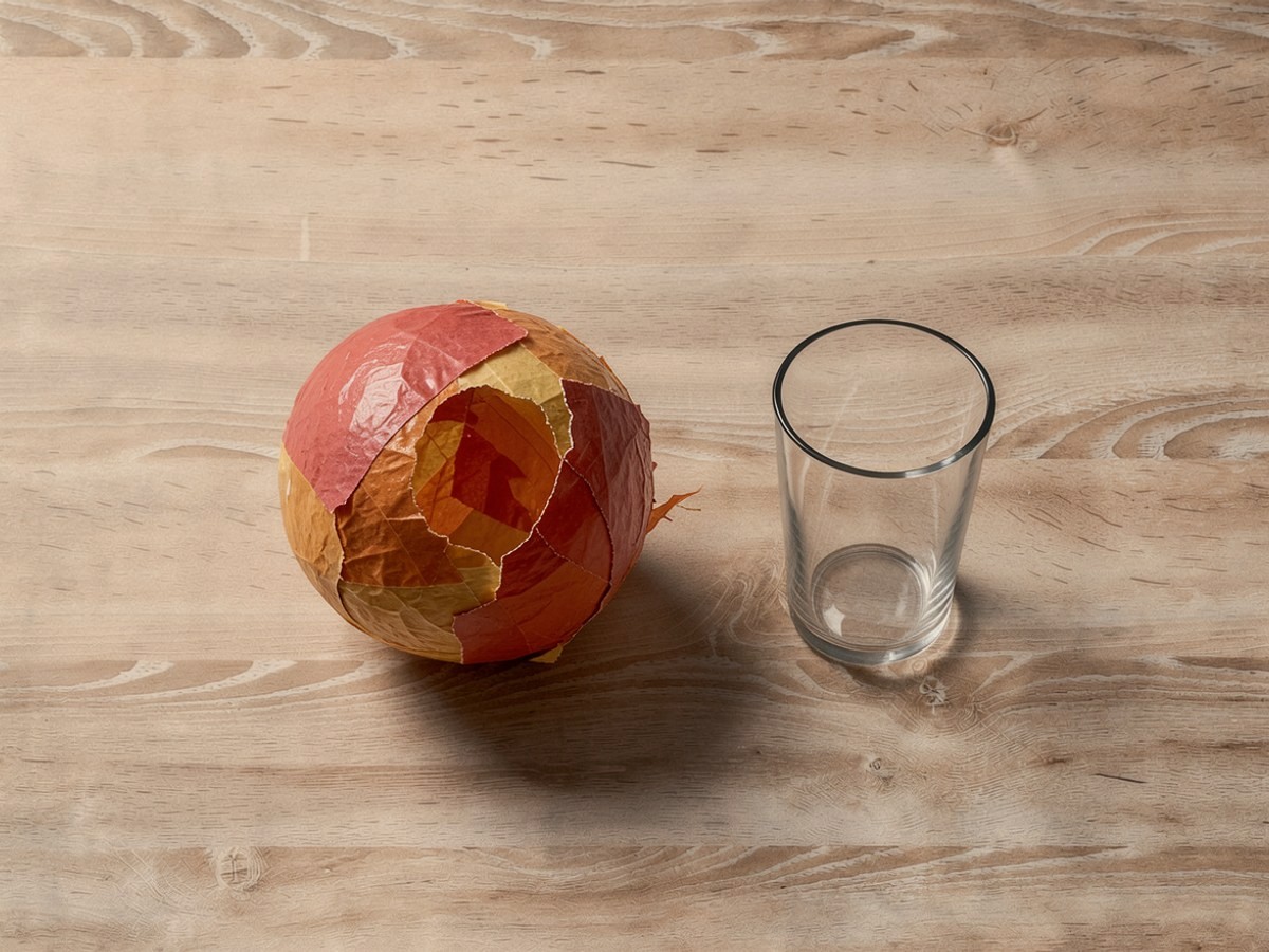 Von schräg oben: die leere Papierkugel aus rotem, gelbem und orangem Transparentpapier liegt auf der Seite neben dem leeren Trinkglas, ihre runde Öffnung mit ausgefranstem Rand zeigt zur Kamera, innen ist sie hohl