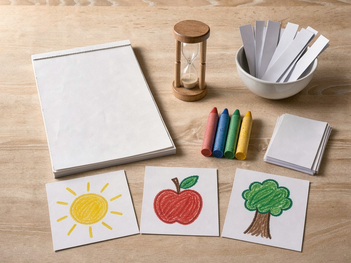 Drei kleine Kartenstapel nebeneinander vor dem Zeichenpapier, auf der obersten Karte ist jeweils mit Wachsmalstift ein Ding gemalt: eine gelbe Sonne, ein roter Apfel mit Blatt und ein Baum mit grüner Krone; dahinter die Sanduhr und die Schale mit leeren Zetteln