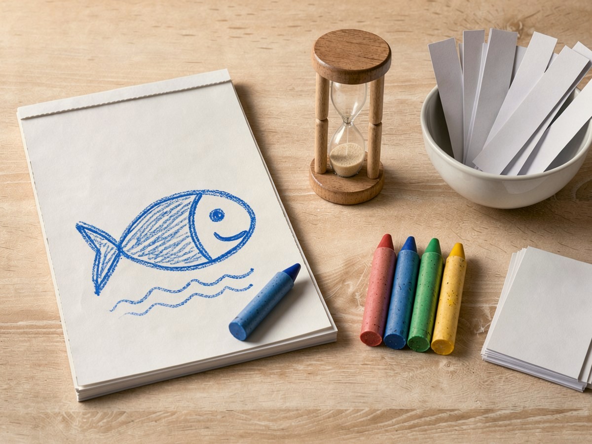 Auf dem Zeichenpapier ein mit blauem Wachsmalstift gemalter Fisch über drei Wellenlinien, der blaue Stift liegt auf dem Blatt; daneben die Sanduhr, die Schale mit leeren Zetteln, vier Wachsmalstifte und ein Stapel leerer Karten