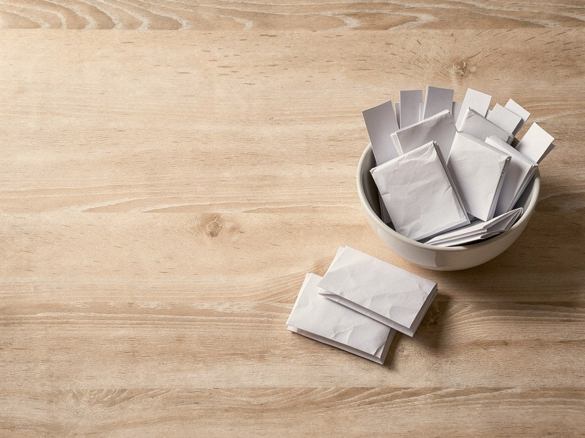 Die weiße Schale ist voll mit klein gefalteten Papierzetteln, zwei weitere gefaltete Zettel liegen daneben auf dem Holz.