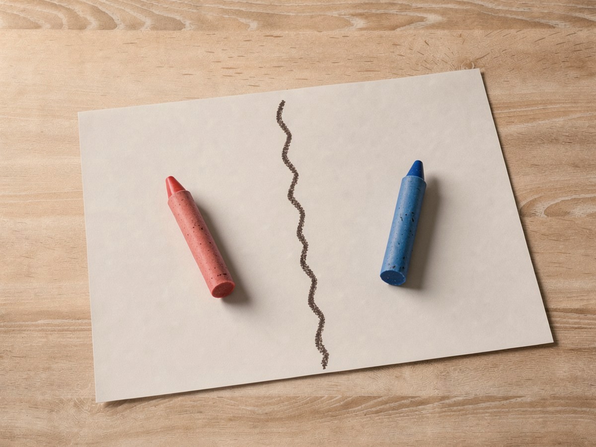 Ein loses weißes Blatt ist mit einem senkrechten Wachsmalstrich in zwei Hälften geteilt, links liegt der rote, rechts der blaue Wachsmalstift.