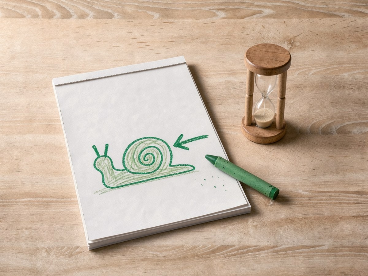Auf dem Zeichenblock ist mit grünem Wachsmalstift eine Schnecke gemalt, ein dicker Pfeil zeigt auf ihr Haus; der grüne Stift liegt daneben.
