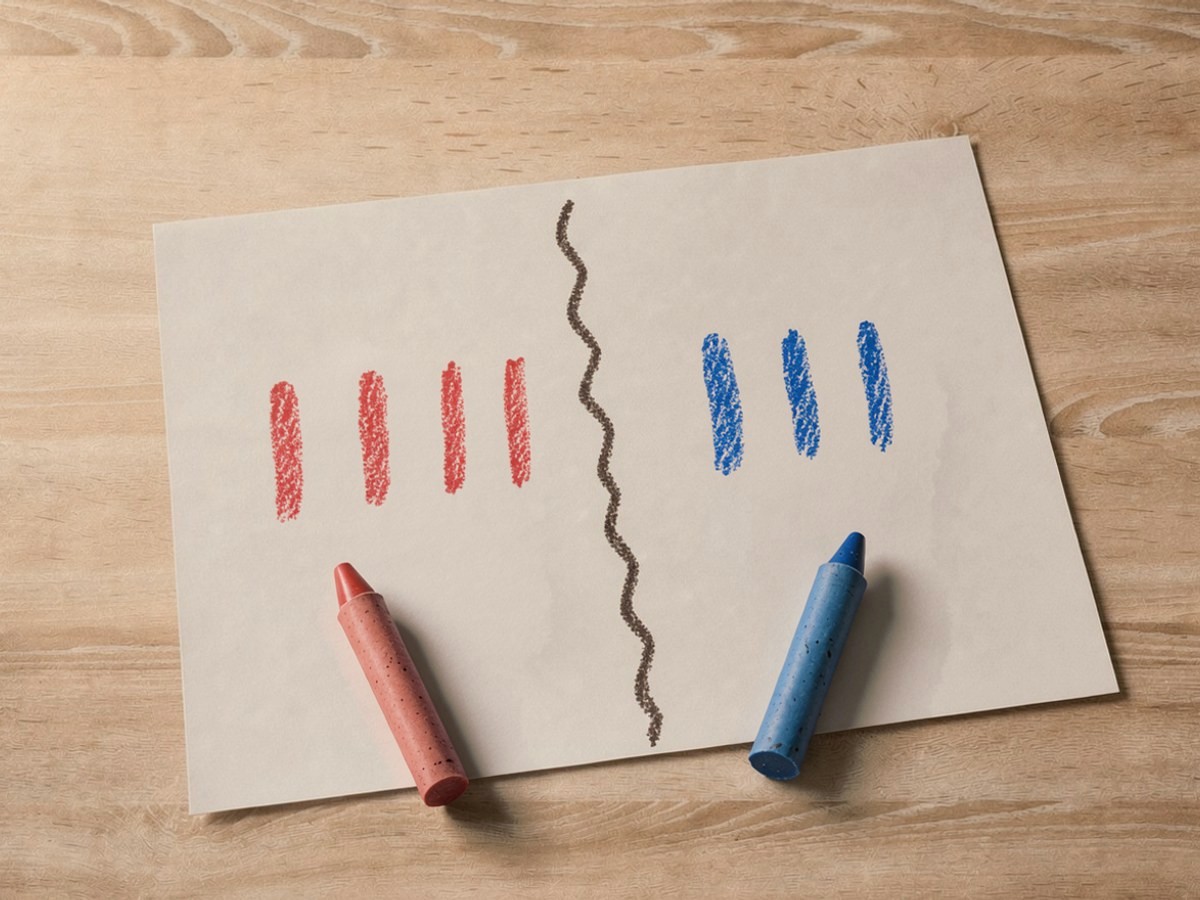 Auf dem geteilten Blatt stehen links vier rote und rechts drei blaue Punktestriche, daneben liegen die beiden Wachsmalstifte.