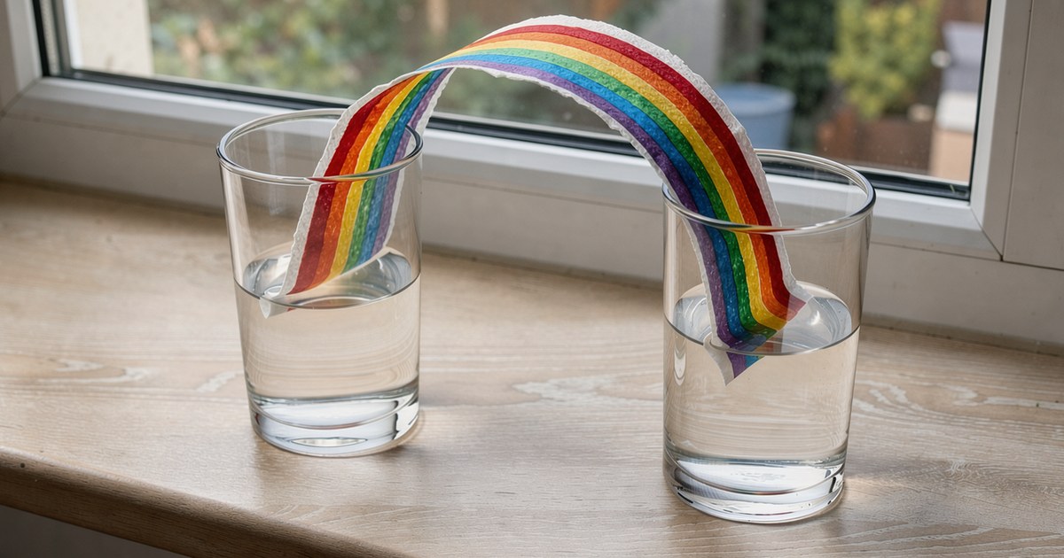 Zwei Gläser mit eingefärbtem Wasser auf einer Fensterbank, dazwischen ein Streifen Küchenpapier, in dem sechs Farbspuren nebeneinander von beiden Seiten aufgestiegen sind und durchgehend von Glas zu Glas einen Regenbogen bilden