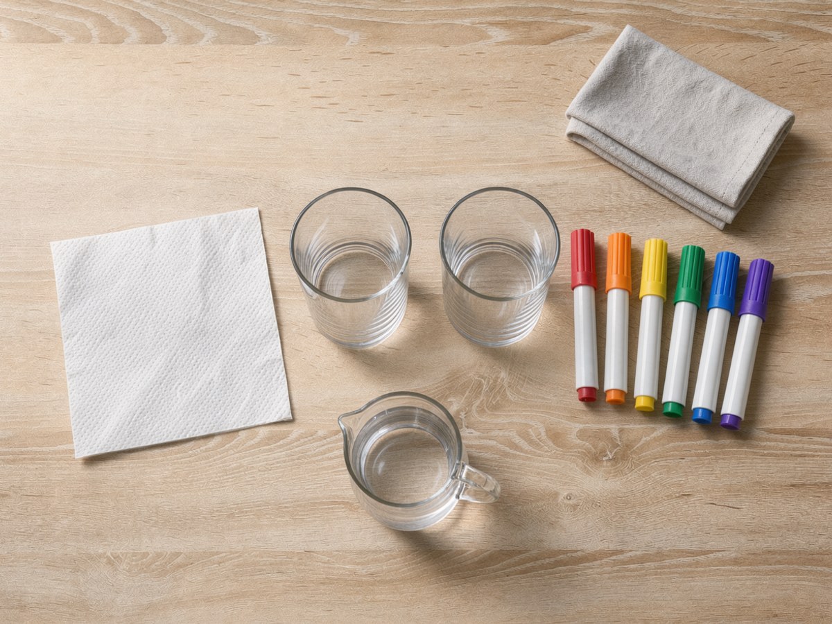 Material für das Experiment von oben: zwei leere Gläser, ein Blatt Küchenpapier, sechs bunte Filzstifte und ein kleiner Krug Wasser