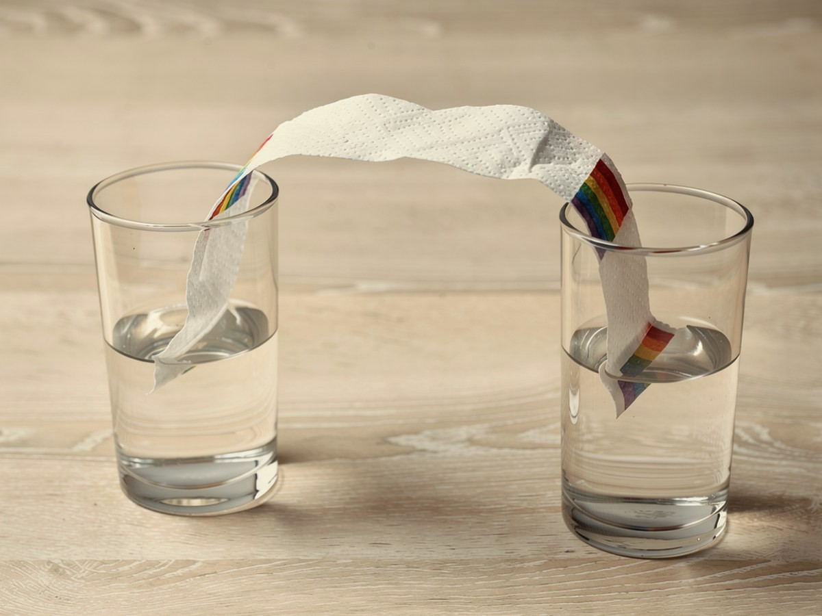 Der bemalte Küchenpapierstreifen hängt als Bogen zwischen den zwei Wassergläsern, beide Enden reichen von oben ins Wasser hinein, die Farbspuren bleiben knapp über der Wasseroberfläche