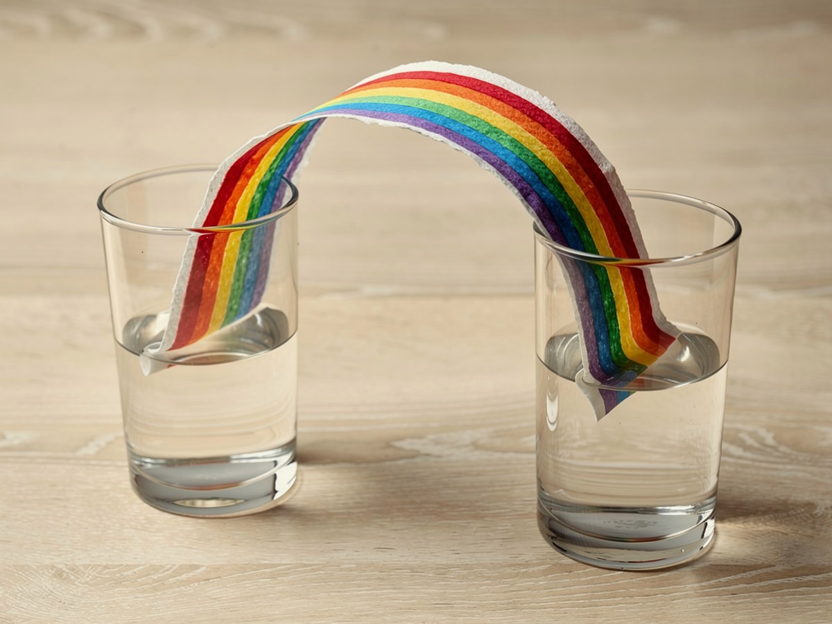 Sechs Farbspuren laufen nebeneinander durchgehend vom linken Glas über den Papierbogen bis ins rechte Glas, in der Mitte sind die Farben von beiden Seiten aufeinandergetroffen