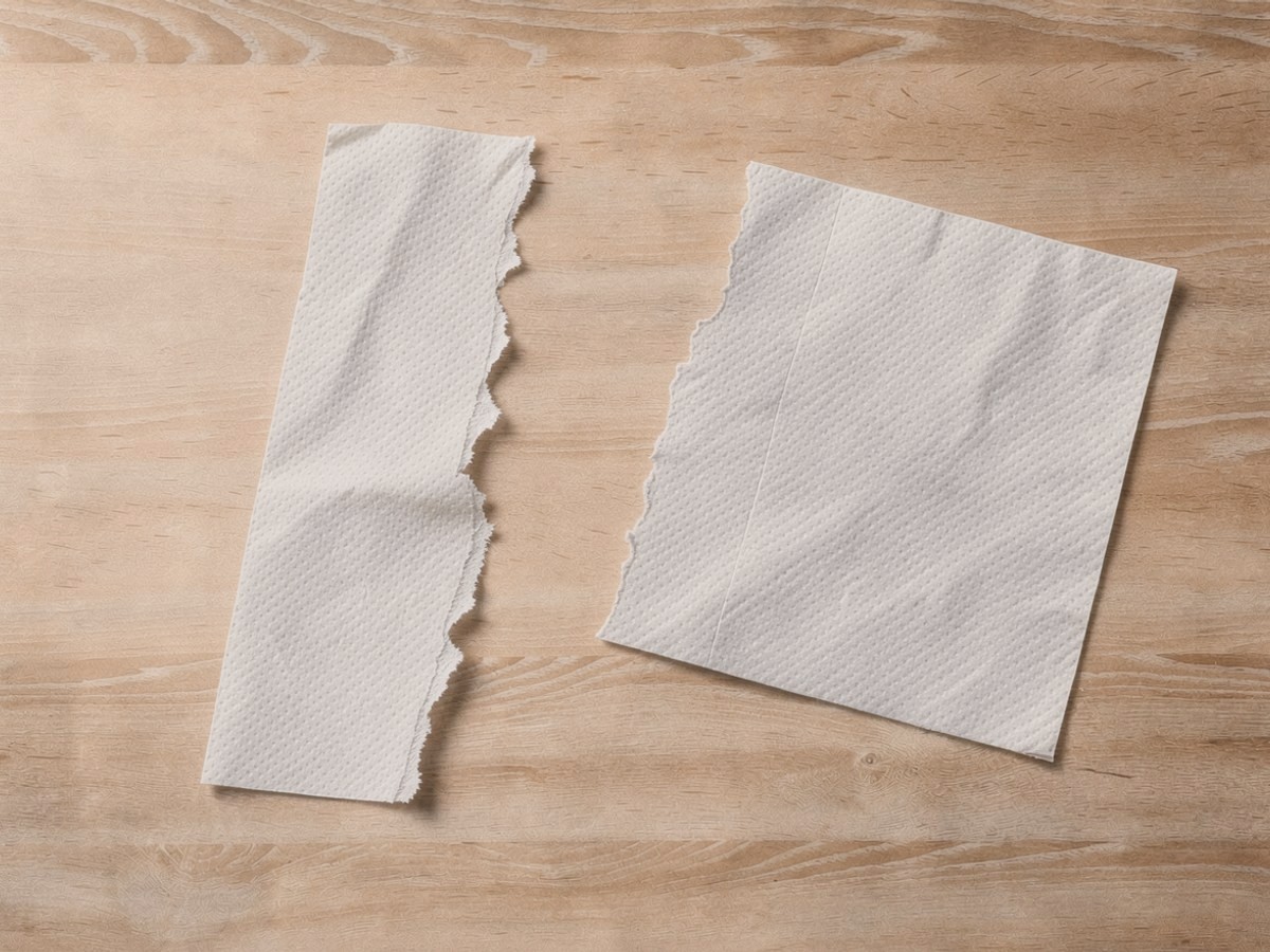 Von oben: Ein Blatt Küchenpapier ist längs an der Falte auseinandergerissen, ein schmaler weißer Streifen mit ausgefranster Kante liegt neben der anderen Hälfte.