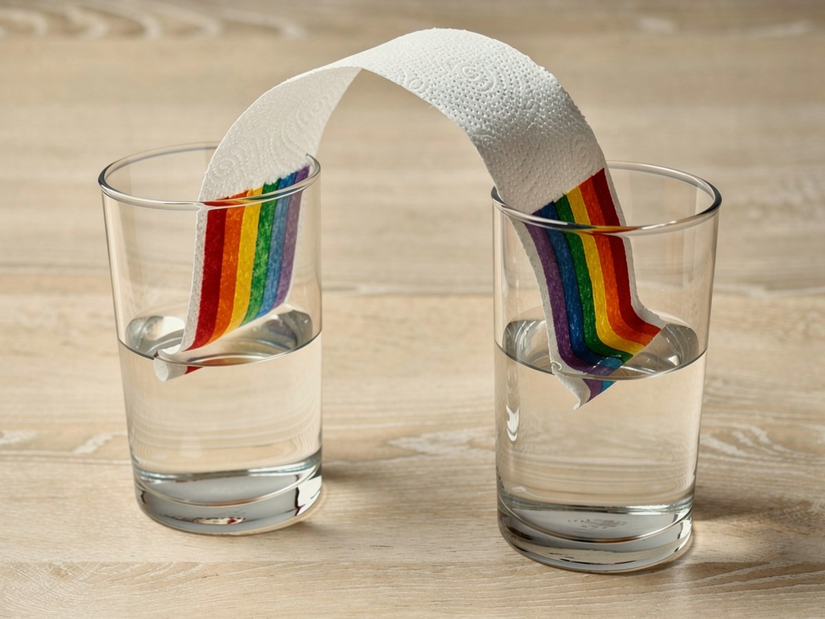 Die Papierbrücke hängt zwischen den beiden Gläsern, von beiden Seiten sind die sechs Farbspuren als feuchte Linien ein Stück den Bogen hinaufgewandert, oben in der Mitte ist der Streifen noch weiß und trocken.