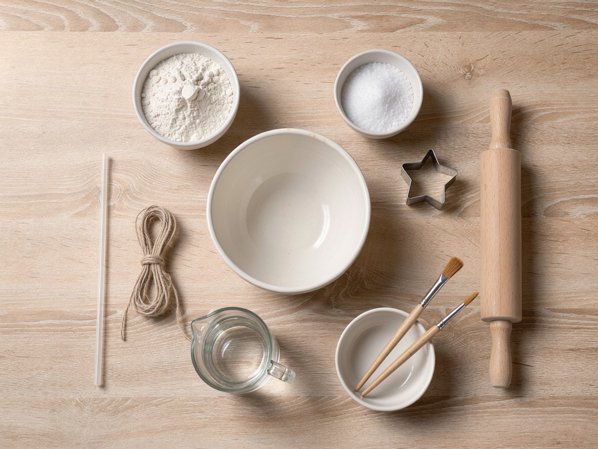 Material für Salzteig von oben: leere Rührschüssel, Schale mit Mehl, Schale mit grobem Salz, Krug Wasser, Nudelholz, Sternausstecher, Trinkhalm, Jutefaden und zwei Pinsel