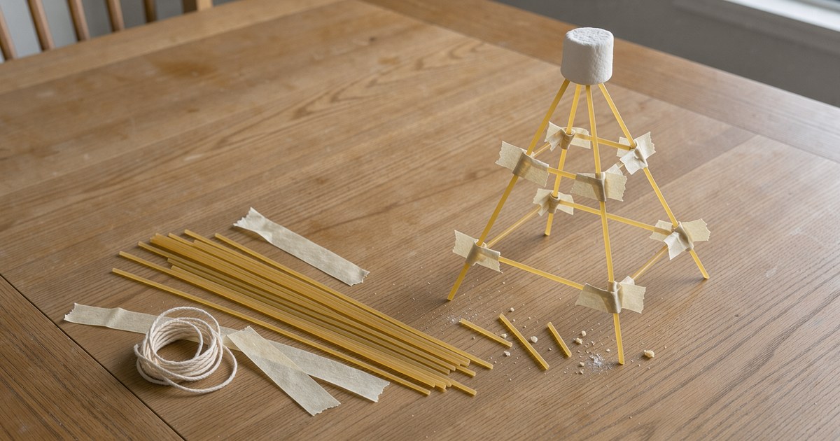 Schräg von oben auf hellem Holz: ein fertiger Turm aus rohen Spaghetti als schlanke Pyramide, in der Mitte mit Klebeband verbundene Querstäbe, die mit den Beinen Dreiecke bilden, ganz oben sitzt ein weißer Marshmallow, vorn liegt ein kurzes Spaghetti-Stück