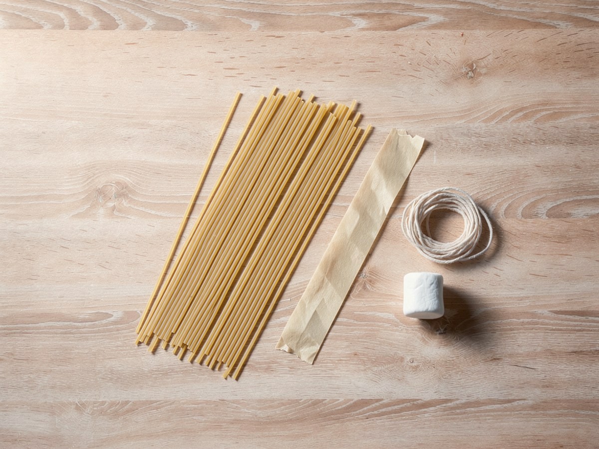 An einem Platz am Tisch liegt das Material für ein Team bereit: ein abgezähltes Bündel roher Spaghetti, ein Streifen Kreppband, ein Knäuel Schnur und ein Marshmallow.