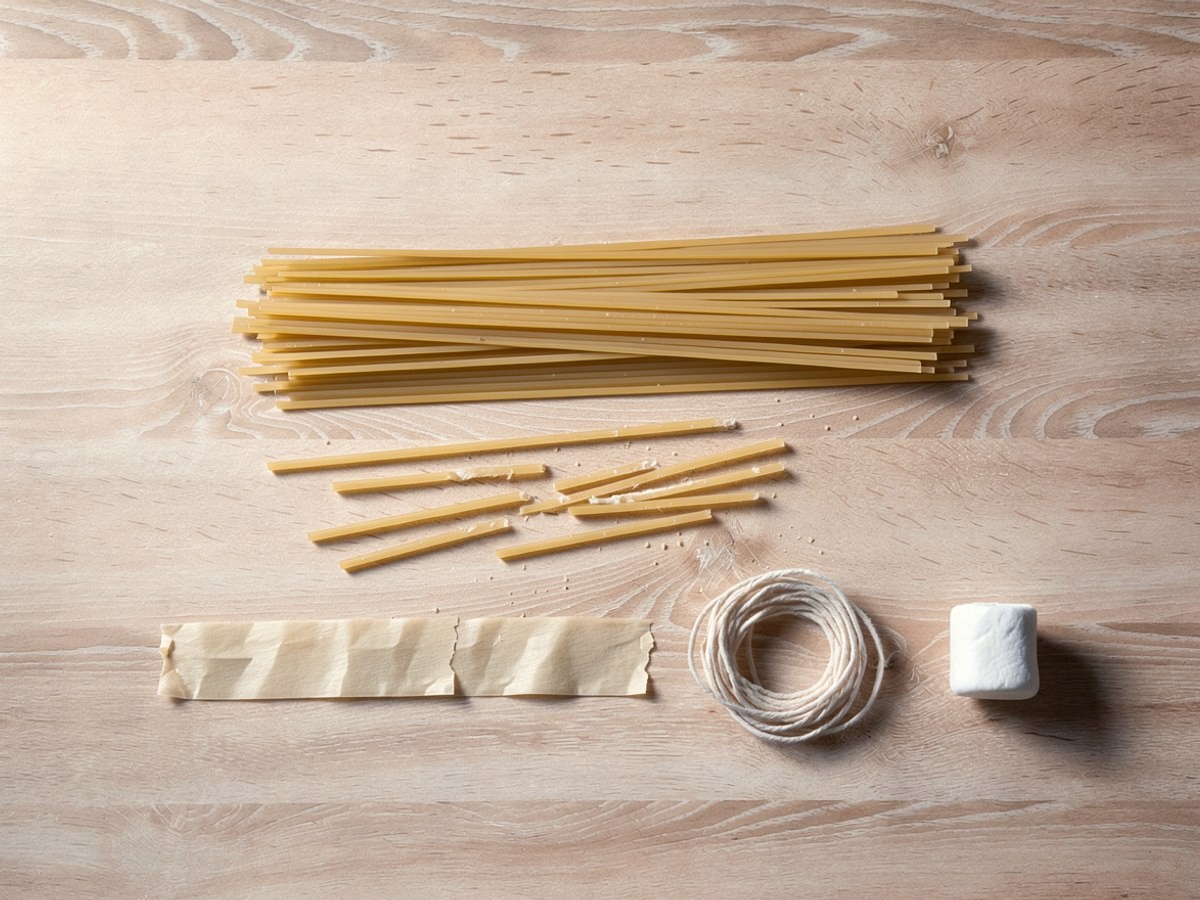 Ein paar Spaghetti sind in unterschiedlich lange Stücke gebrochen, das Kreppband ist in kurze Streifen geteilt und an die Tischkante geklebt, der Marshmallow liegt ganz daneben.