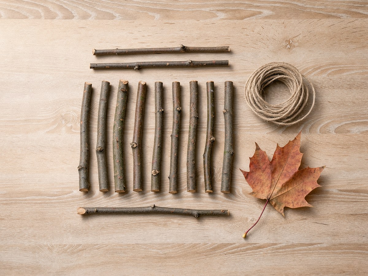 Flatlay auf hellem Holz von oben: oben und unten je ein langes dünnes Stöckchen quer im Bild, in der Mitte acht fingerdicke Stöckchen senkrecht nebeneinander, links ein bleistiftdünner Zweig mit kleiner Astgabel, rechts eine aufgewickelte Rolle Jute-Schnur und darunter ein großes oranges Ahornblatt mit Stiel