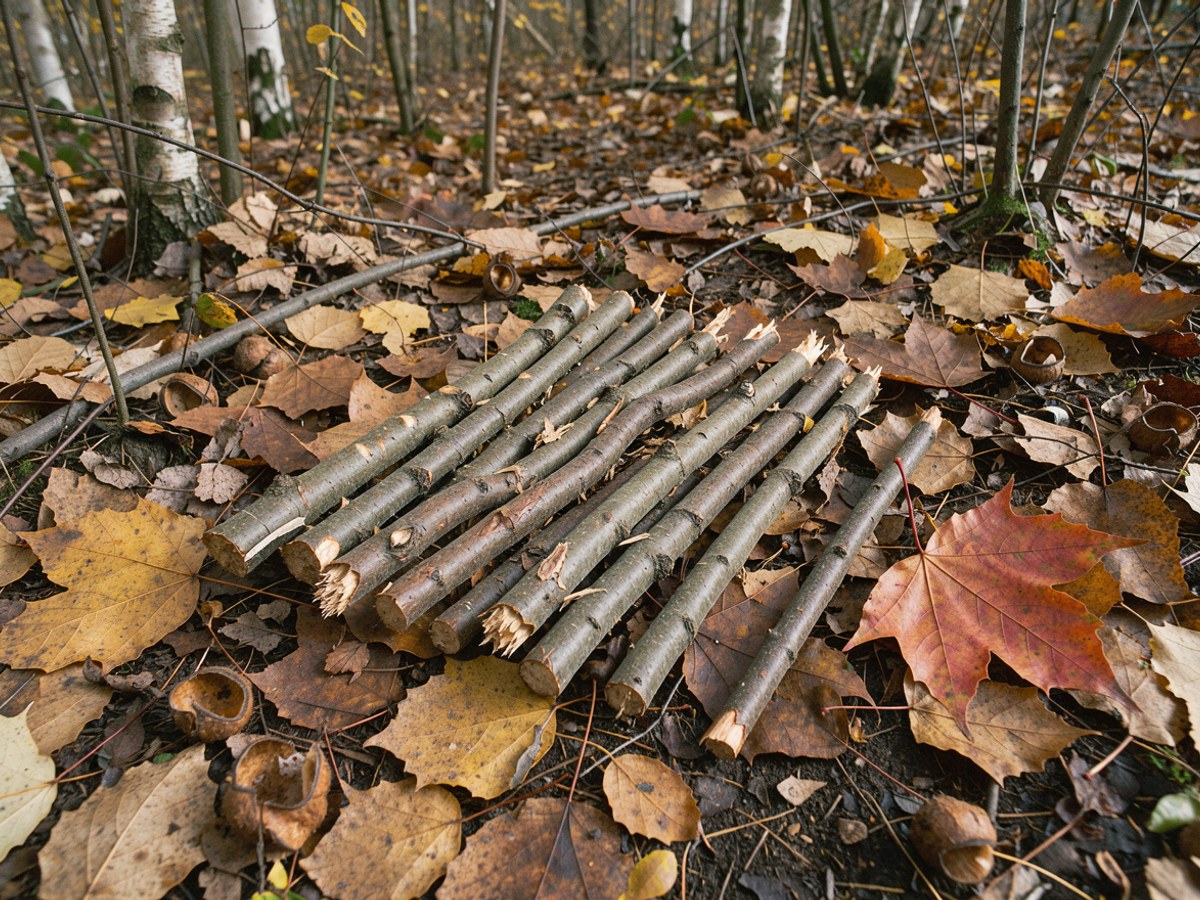 Auf dem Waldboden zwischen Herbstlaub liegt ein kleines Bündel gesammelter Stöckchen, ungefähr gerade und fingerdick, daneben ein dünner Zweig und ein großes rotes Ahornblatt
