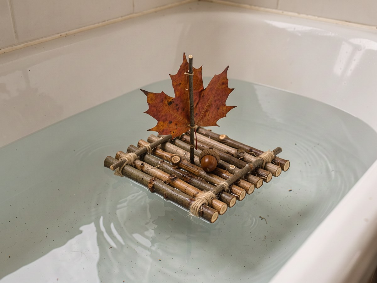 Das fertige Stöckchenfloß mit dem Ahornblatt-Segel schwimmt im klaren Wasser einer Badewanne, auf dem Deck liegt eine Eichel als Ladung