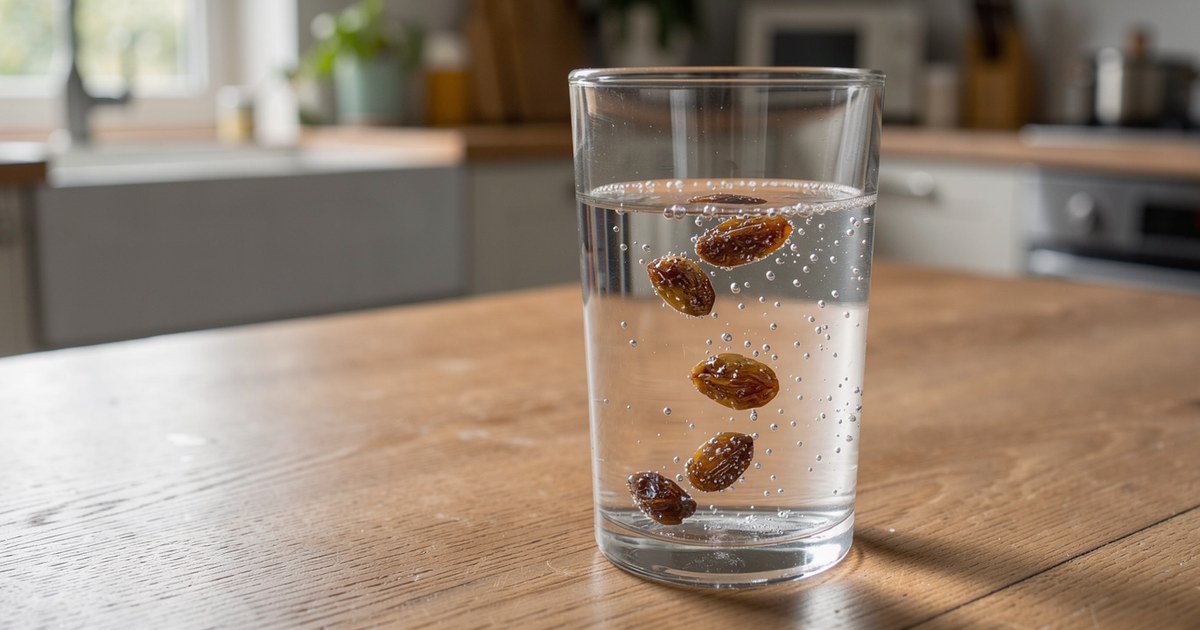 Ein hohes klares Glas mit sprudelndem Mineralwasser steht auf hellem Holz, darin schweben sechs Rosinen auf verschiedenen Höhen, an jeder hängen kleine Bläschen