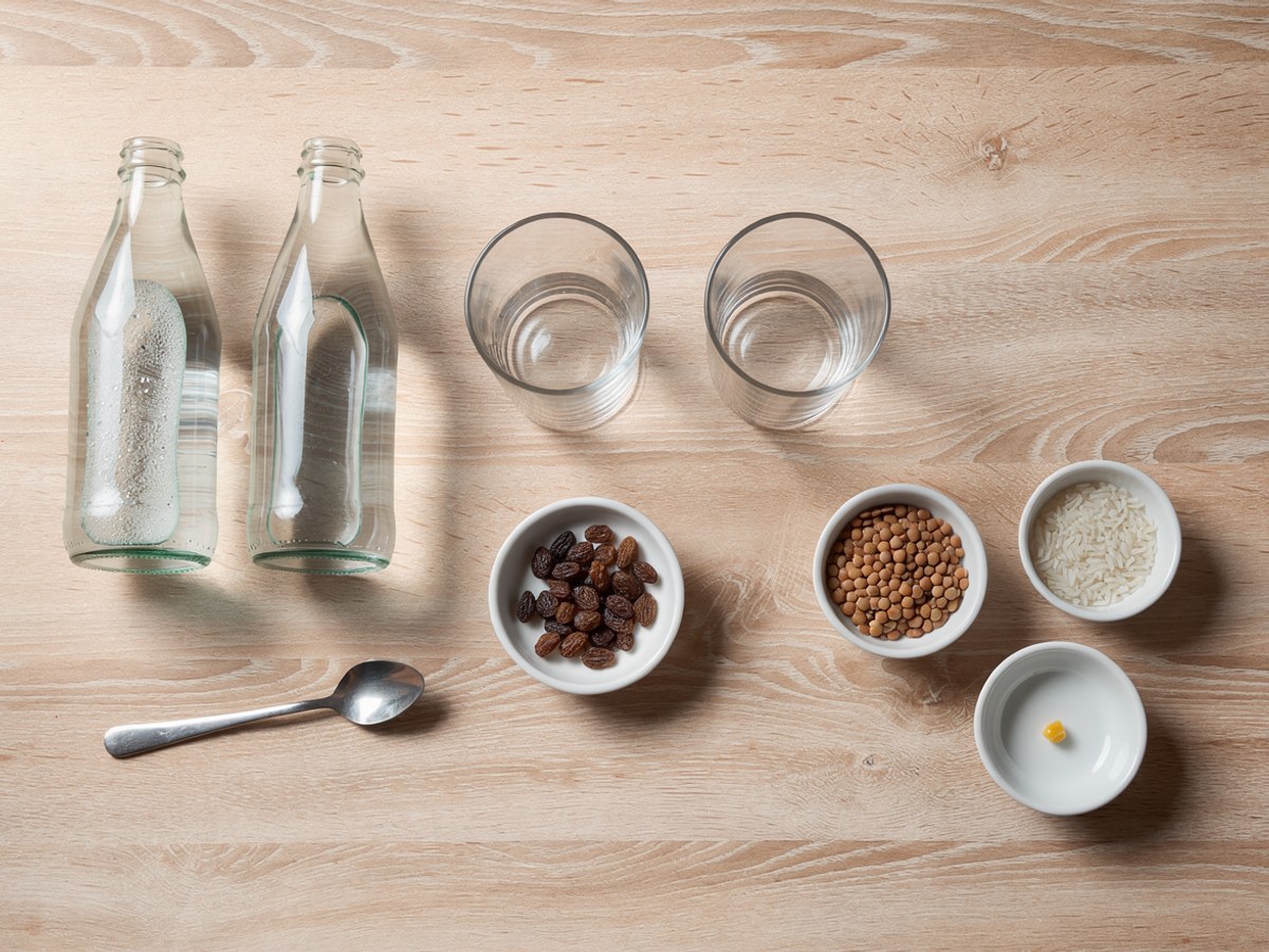 Flatlay auf hellem Holz: zwei hohe leere Glasgefäße, eine kleine weiße Schale mit Rosinen, eine Flasche Mineralwasser, eine Flasche stilles Wasser und ein Teelöffel