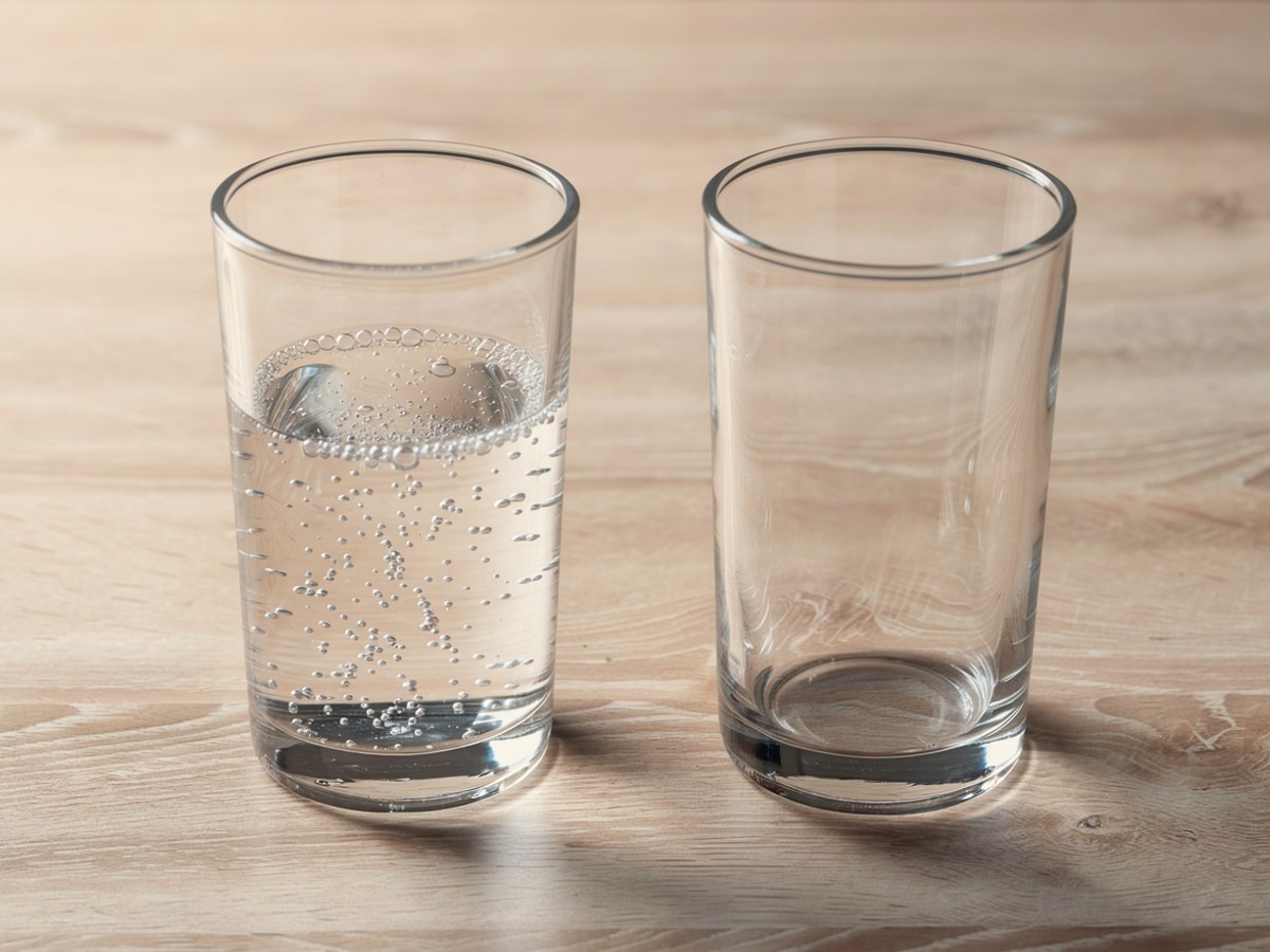 Ein hohes klares Glas steht zu drei Vierteln mit sprudelndem Mineralwasser gefüllt auf hellem Holz, feine Bläschen steigen auf, daneben das zweite, noch leere Glas