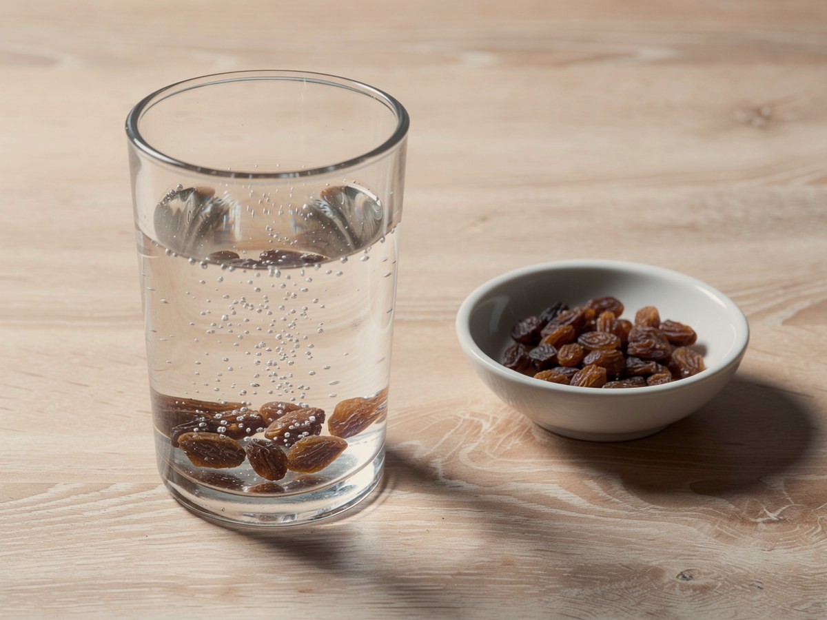 Fünf dunkle Rosinen liegen am Boden des Glases mit sprudelndem Wasser, darüber steigen feine Bläschen auf, daneben eine Schale mit weiteren Rosinen